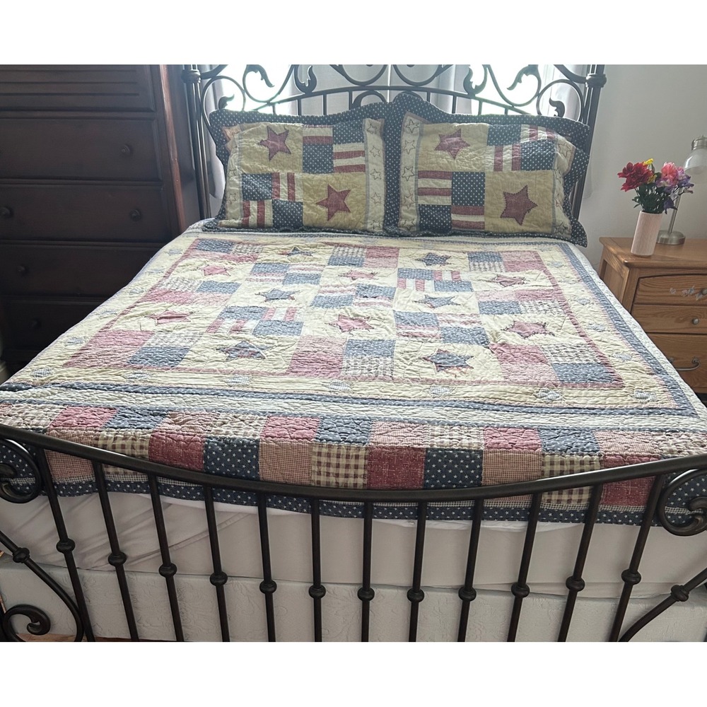 Americana Patchwork Quilt Set Full Queen Red White Blue Stars Rustic Farmhouse
